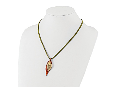 Iridescent Copper and 24k Yellow Gold Dipped Double Evergreen Leaf Necklace