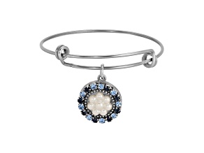 Silver Tone Round Blue Crystal Faux Floral Pearl Drop Bracelet