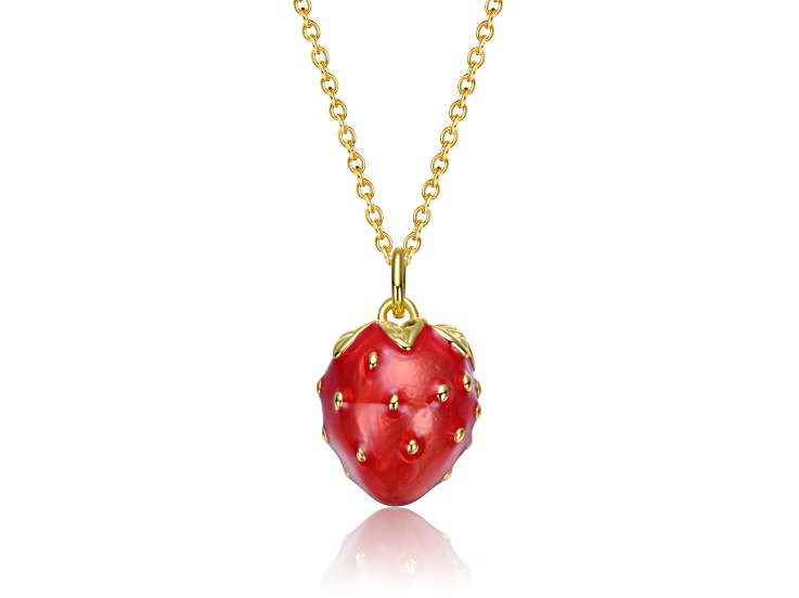 14K Gold Plated over Brass with Red Enamel Strawberry Pendant Necklace for Kids