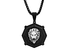 Black Ion-Plated Stainless Steel and Black Diamond Lion Face Medallion Pendant With Chain 0.25ctw