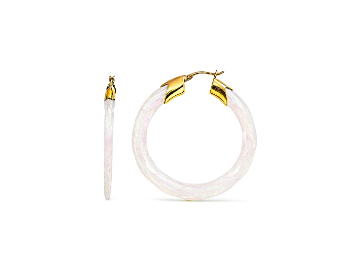 14K Gold Over Brass 2.0 inch Acrylic Swirl Twist Hoop Earrings in White