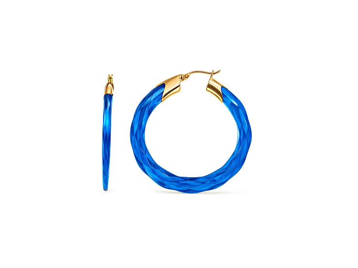 14K Gold Over Brass 2.0 inch Acrylic Swirl Twist Hoop Earrings in Blue