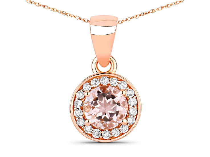 Peach Morganite and White Diamond 14K Rose Gold Round Halo Necklace