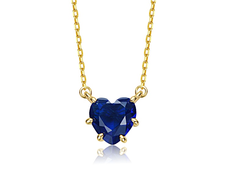 Heart-Shaped Sapphire Blue Cubic Zirconia, 14K Gold Plated over Brass Solitaire Necklace