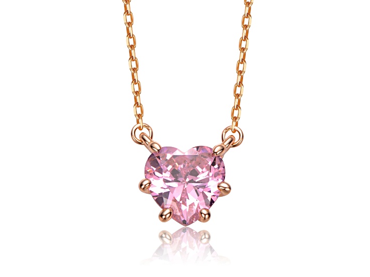Heart-Shaped Pink Cubic Zirconia, 18K Gold Plated over Brass Solitaire Necklace