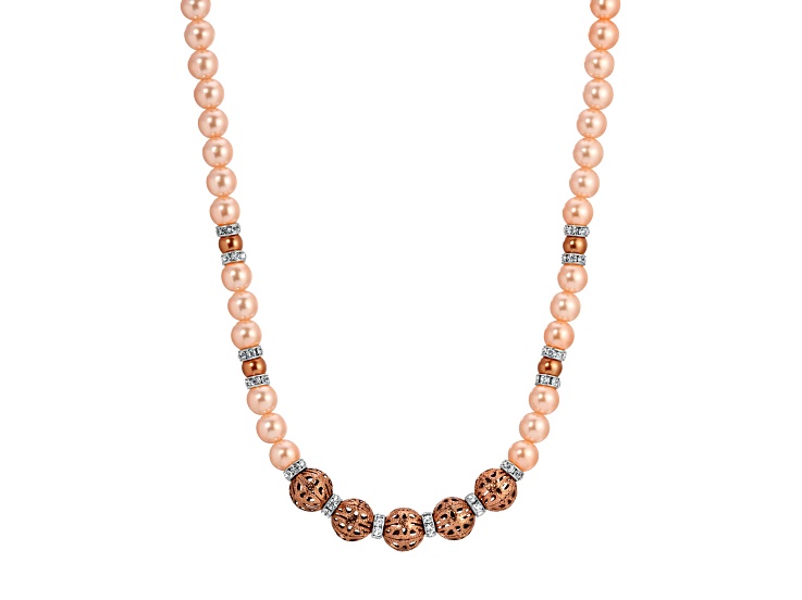 Copper Tone Faux Pearl Filigree Bead Strand Necklace 16"