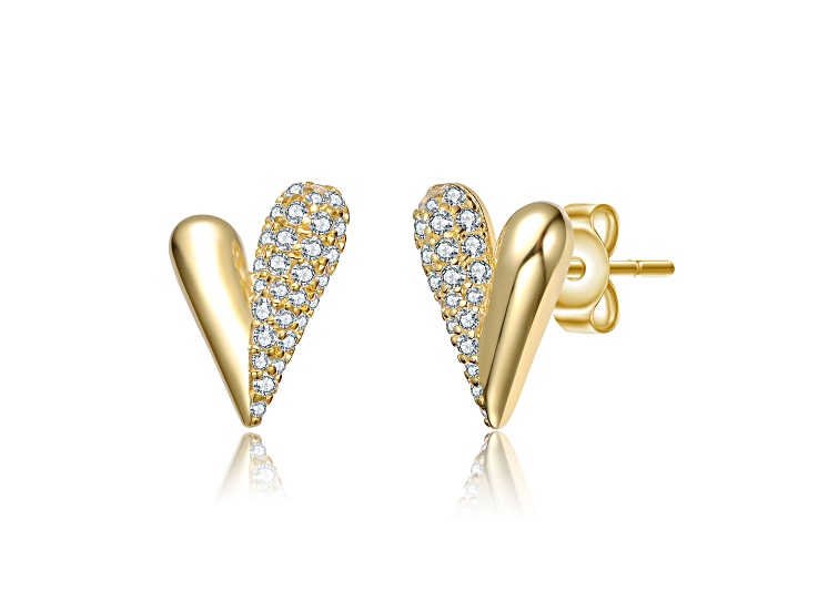 Clear Cubic Zirconia, 14K Gold Plated over Brass with Sleek Heart Stud Earrings
