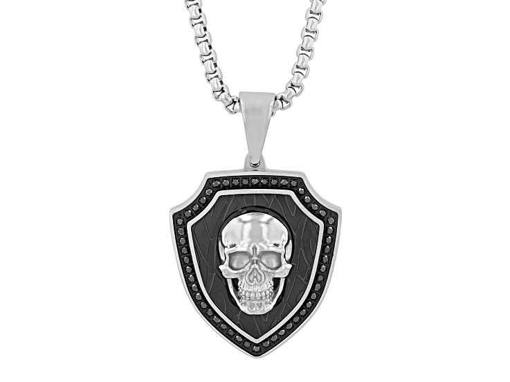 Black Ion-Plated Stainless Steel and 0.50ctw Black Diamond Skull Shield Pendant With Chain