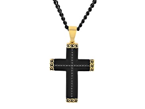 Black and Yellow Ion-Plated Stainless Steel and Black Diamond Cross Pendant With Chain 0.25ctw