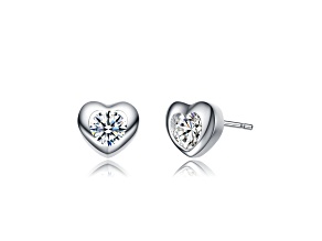 Clear Cubic Zirconia, Rhodium Plated over Brass Heart Stud Earrings