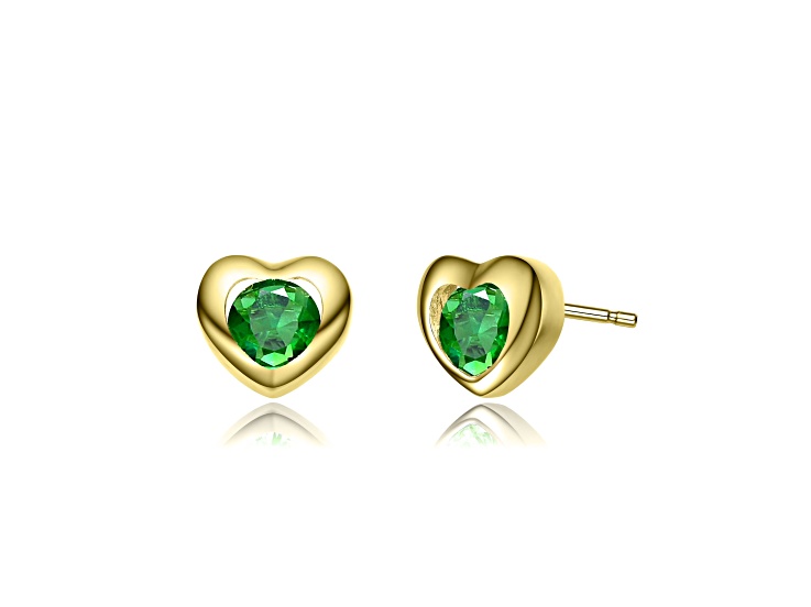 Emerald Green Cubic Zirconia, 14K Gold Plated over Brass Heart Stud Earrings