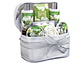 Lovery White Jasmine Bath Set - 13Pc Sequin Cosmetic Bag Kit