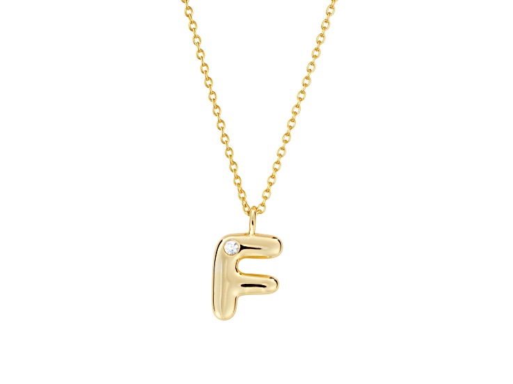 White Cubic Zirconia 14K Yellow Gold Over Sterling Silver "F" Initial Pendant With Chain 0.06ctw