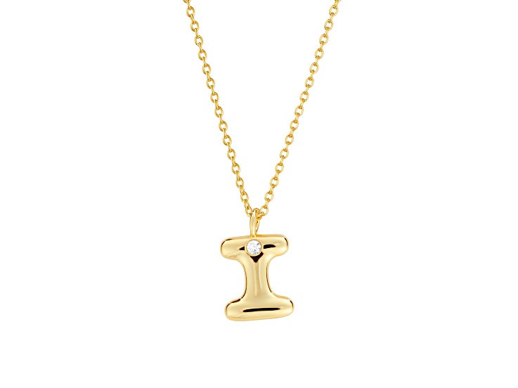 White Cubic Zirconia 14K Yellow Gold Over Sterling Silver "I" Initial Pendant With Chain 0.06ctw