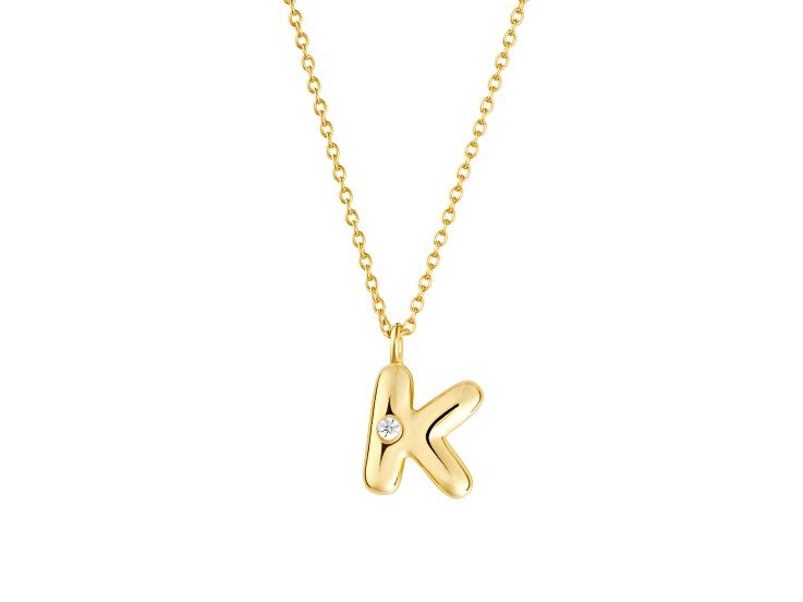 White Cubic Zirconia 14K Yellow Gold Over Sterling Silver "K" Initial Pendant With Chain 0.06ctw