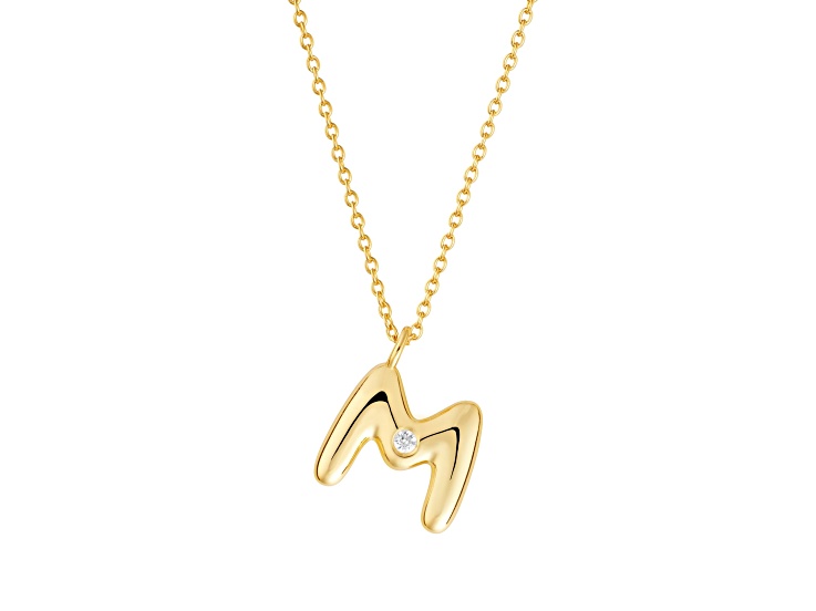 White Cubic Zirconia 14K Yellow Gold Over Sterling Silver "M" Initial Pendant With Chain 0.06ctw