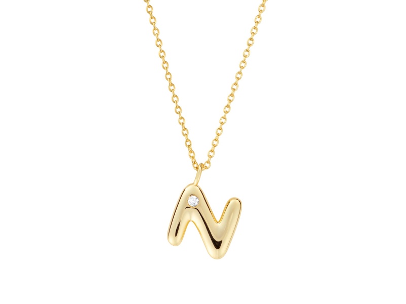 White Cubic Zirconia 14K Yellow Gold Over Sterling Silver "N" Initial Pendant With Chain 0.06ctw