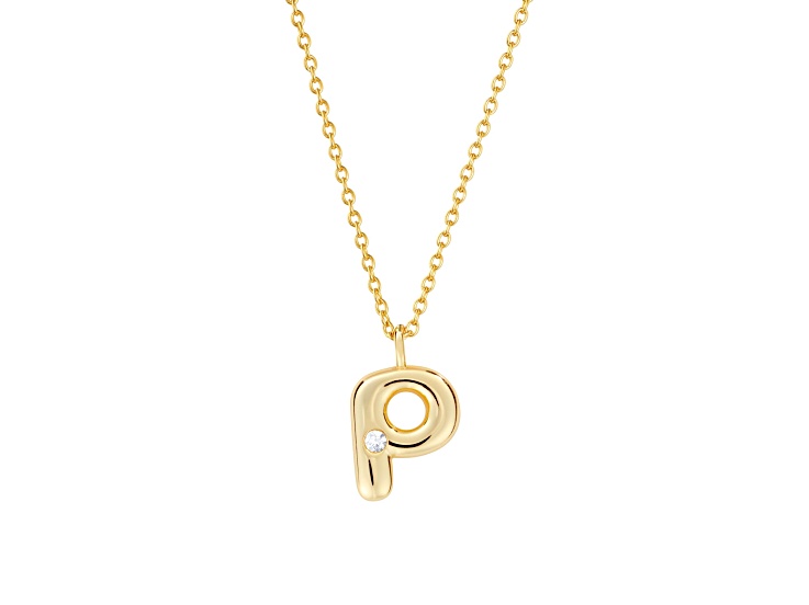 White Cubic Zirconia 14K Yellow Gold Over Sterling Silver "P" Initial Pendant With Chain 0.06ctw