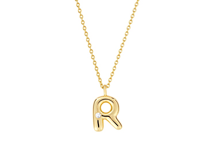 White Cubic Zirconia 14K Yellow Gold Over Sterling Silver "R" Initial Pendant With Chain 0.06ctw