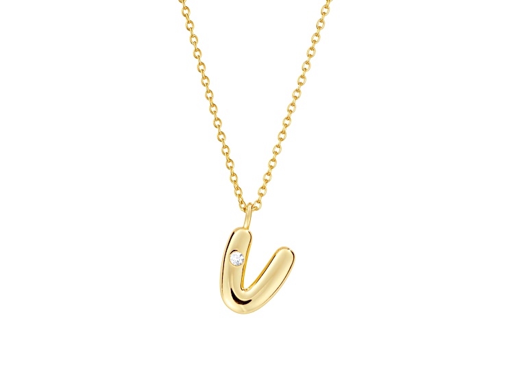 White Cubic Zirconia 14K Yellow Gold Over Sterling Silver "V" Initial Pendant With Chain 0.06ctw