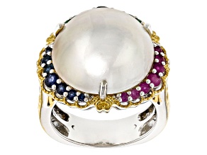White Mabe Pearl & Multi-Gemstone Rhodium And 24K Gold Over Palladium Sterling Silver Ring 0.78ctw