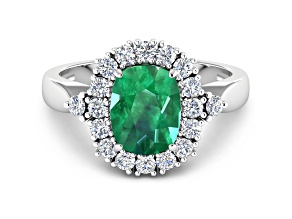 Green Zambian Emerald Cushion Cut and White Diamond 14K White Gold Halo Ring