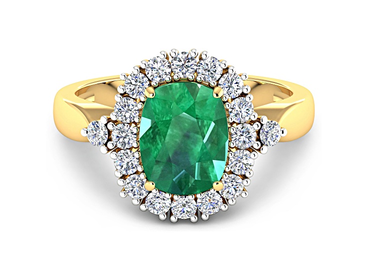 Green Zambian Emerald Cushion Cut and White Diamond 14K Yellow Gold Halo Ring