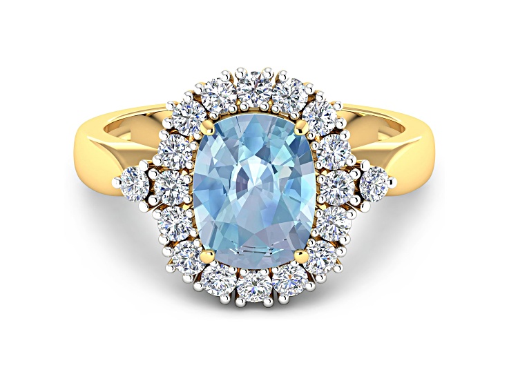 Blue Aquamarine Cushion Cut and White Diamond 14K Yellow Gold Halo Ring