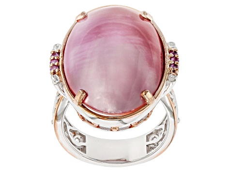 Pink Mabe Pearl and Pink Sapphire Rhod/18K Rose Gold Over Palladium Sterling Silver Ring 0.10ctw