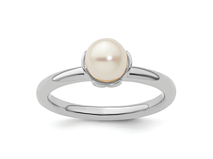 Rhodium Over Sterling Silver Stackable Expressions White Freshwater Cultured Pearl Ring