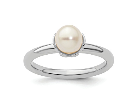 Rhodium Over Sterling Silver Stackable Expressions White Freshwater Cultured Pearl Ring