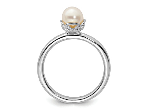 Rhodium Over Sterling Silver Stackable Expressions White Freshwater Cultured Pearl Ring