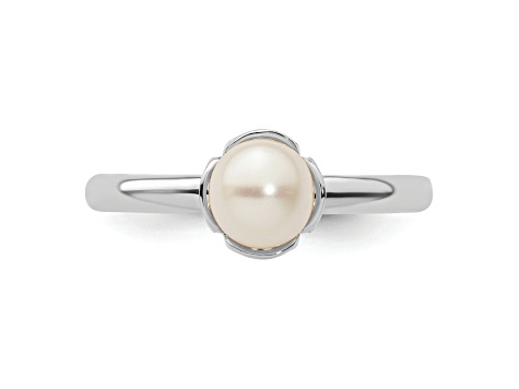 Rhodium Over Sterling Silver Stackable Expressions White Freshwater Cultured Pearl Ring