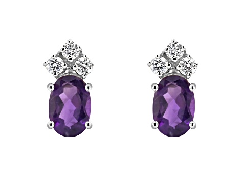 6x4mm Oval Amethyst with Diamond Accents 14k White Gold Stud Earrings