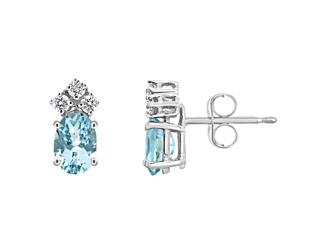 6x4mm Oval Aquamarine with Diamond Accents 14k White Gold Stud Earrings