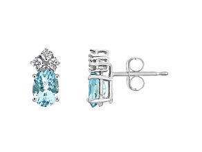 6x4mm Oval Aquamarine with Diamond Accents 14k White Gold Stud Earrings