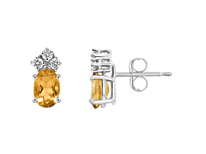 6x4mm Oval Citrine with Diamond Accents 14k White Gold Stud Earrings