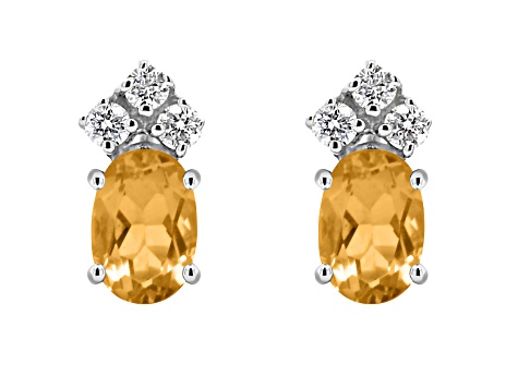 6x4mm Oval Citrine with Diamond Accents 14k White Gold Stud Earrings