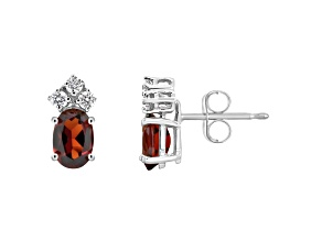 6x4mm Oval Garnet with Diamond Accents 14k White Gold Stud Earrings