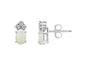 6x4mm Oval Opal with Diamond Accents 14k White Gold Stud Earrings