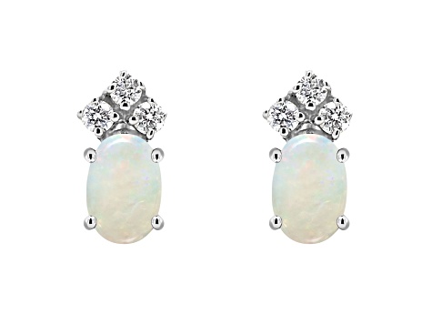 6x4mm Oval Opal with Diamond Accents 14k White Gold Stud Earrings