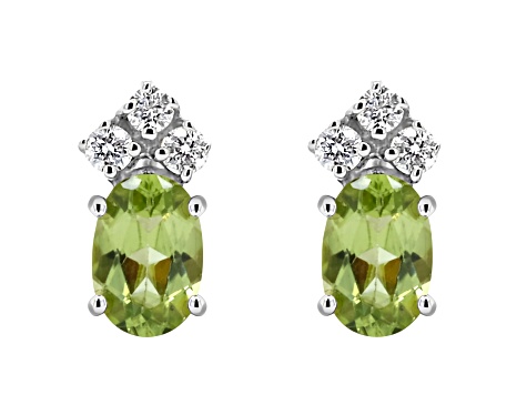 6x4mm Oval Peridot with Diamond Accents 14k White Gold Stud Earrings