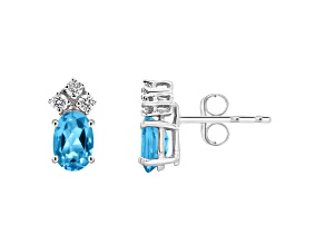 6x4mm Oval Blue Topaz with Diamond Accents 14k White Gold Stud Earrings