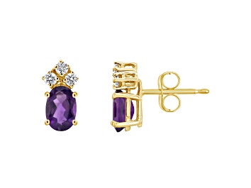 Picture of 6x4mm Oval Amethyst with Diamond Accents 14k Yellow Gold Stud Earrings