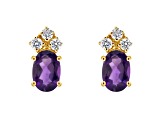 6x4mm Oval Amethyst with Diamond Accents 14k Yellow Gold Stud Earrings