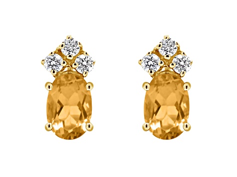 6x4mm Oval Citrine with Diamond Accents 14k Yellow Gold Stud Earrings