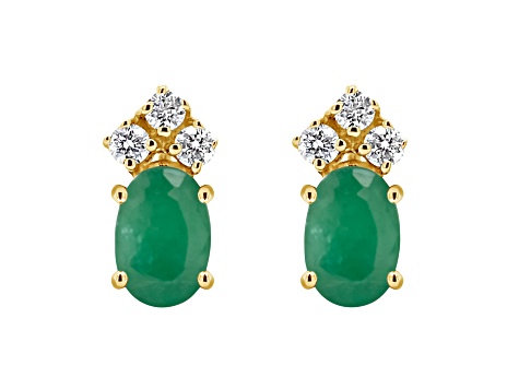 6x4mm Oval Emerald with Diamond Accents 14k Yellow Gold Stud Earrings