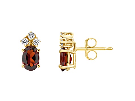 6x4mm Oval Garnet with Diamond Accents 14k Yellow Gold Stud Earrings