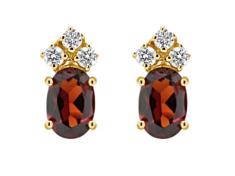 6x4mm Oval Garnet with Diamond Accents 14k Yellow Gold Stud Earrings