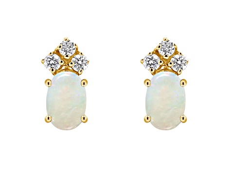 6x4mm Oval Opal with Diamond Accents 14k Yellow Gold Stud Earrings